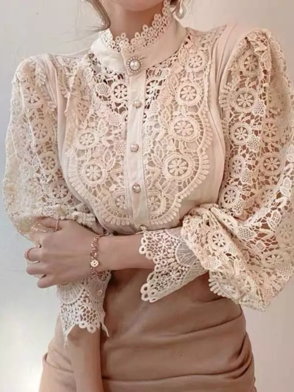 Lace Shirts Elegant Stand-Up Collar Loose Shirt Women Solid Shirt Shirt Vintage